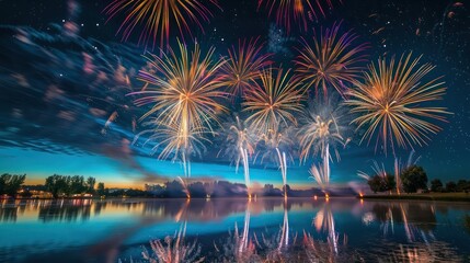 A dazzling fireworks display lighting up the night sky over a serene lake, reflecting vibrant colors on the water.