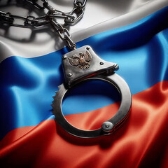 Handcuffs hang on the background of the Russian flag, arrest of political prisoners. sanctions against the russian economy. stop the war in Ukraine, Russia violates all laws