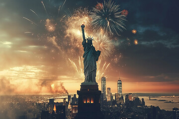 Statue of Liberty over the Multicolor Fireworks Celebrate with the United state of America USA flag background, 4th of July and Independence day concept