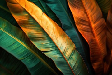 Vibrant green and orange leaves on a dark background with a closeup view of nature's beauty