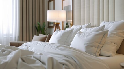 Fototapeta premium Stylish and cozy bedroom interior with large comfortable bed with white linens bedding throw pillow
