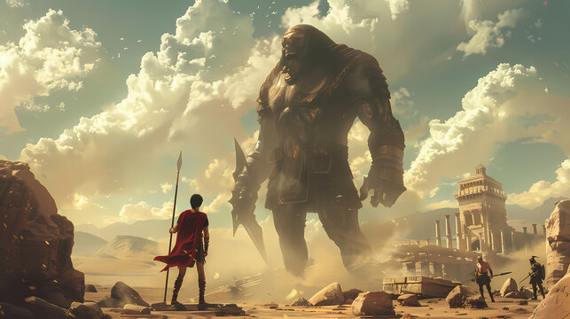 David confronting the giant Goliath in an epic desert battlefield scene