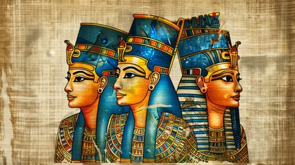 Fototapeta premium Three Egyptian women with blue and gold headdresses