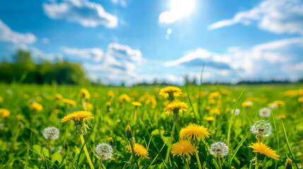 Obraz premium Beautiful Meadow Field with Fresh Green Grass and Yellow Dandelion Flowers in Nature Against a Blurry Blue Sky with Clouds. Perfect Summer and Spring Natural Landscape
