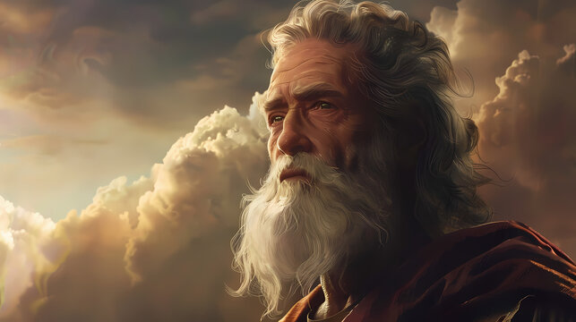 Majestic portrait of Enoch, Biblical patriarch, gazing at divine skies