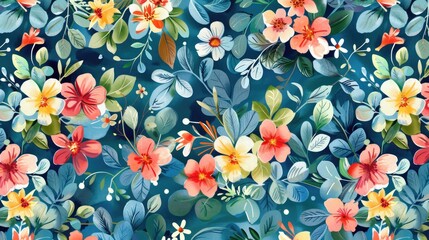 Colorful flowers and leaves arranged on a blue background in a seamless textile pattern design