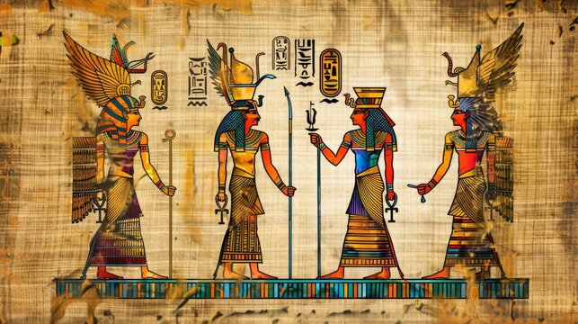 The painting depicts four Egyptian figures, each holding a staff