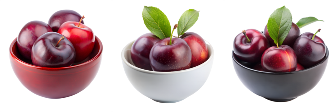 Plum in bowl on isoleted, transparent background PNG file
