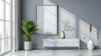 Grey gallery room interior with drawer and decoration