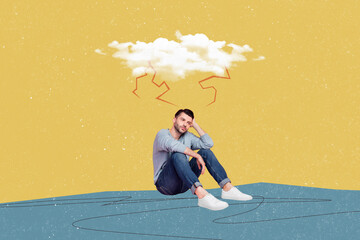 Trend artwork sketch image composite photo collage of sad young man sit think outdoors landscape...