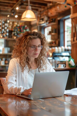 Fototapeta premium Woman with curly hair and glasses working on a laptop at a rustic coffee shop