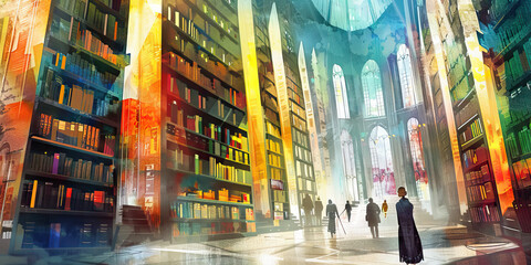 Obraz premium The Cosmic Library: Religions as Books in the Library of Humanity - Imagine different religions as books in a vast library, each containing the wisdom, beliefs, and stories of a unique spiritual tradi