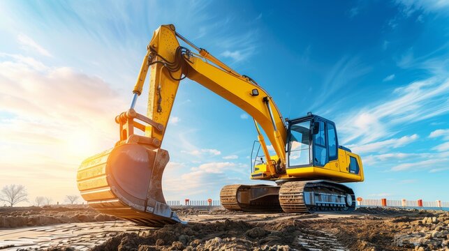 Excavator on a construction site under a blue sky