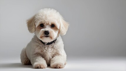 Fototapeta premium A cute Bichon Frize dog puppy sitting on a solid white background with space above for text 