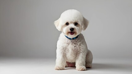 Fototapeta premium A cute Bichon Frize dog puppy sitting on a solid white background with space above for text 