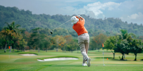 Obraz premium A senior golfer in a white hat and orange shirt swings his golf club on a green golf course with lush trees and a cloudy sky