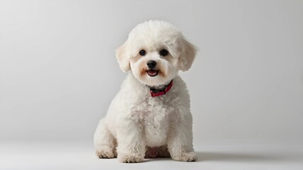 Obraz premium A cute Bichon Frize dog puppy sitting on a solid white background with space above for text 