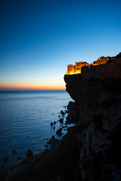View of Bonifacio during sunset,  mediterrranean coastal town in summer, island of Corsica, France