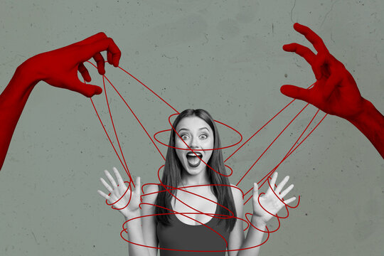 Trend artwork composite sketch collage of two huge hand red color skin devil arm hold rope manipulate puppet marionette lady shocked face