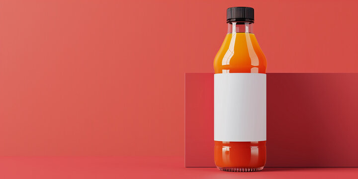 A single glass bottle of orange juice with a blank white label sits on a red background mock up