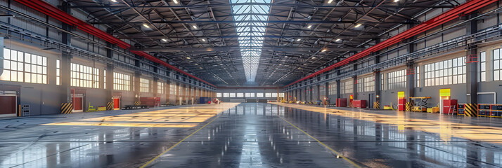 Obraz premium Large empty warehouse with sunlight streaming through the windows.ndustrial interior features high ceilings, metal beams, for storage and logistics operations..