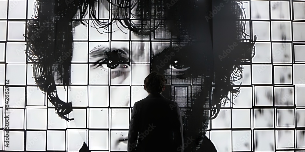 Poster a black and white image of a man's face, consisting of many small squares creating a mosaic effect. 