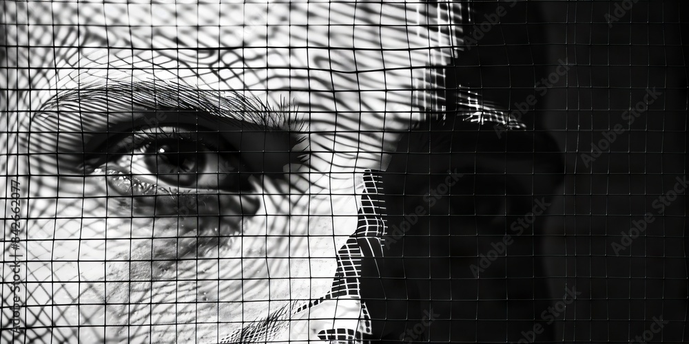 Aufkleber a black and white image of a man's face, consisting of many small squares creating a mosaic effect. 