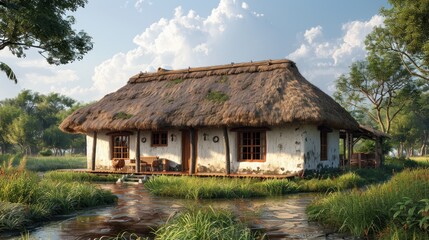 Fototapeta premium huge family longhouse for a tropical ecosystem, walls of white clay brick, thatched roofs, building built on wooden stilts over grass, wattle and daub house, windows with wooden panels, 