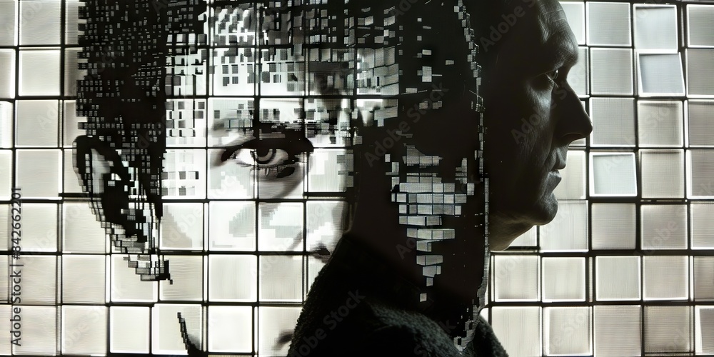 Aufkleber a black and white image of a man's face, consisting of many small squares creating a mosaic effect. 