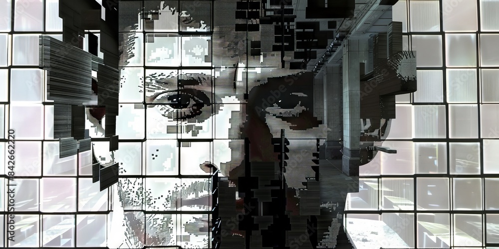 Poster a black and white image of a man's face, consisting of many small squares creating a mosaic effect. 