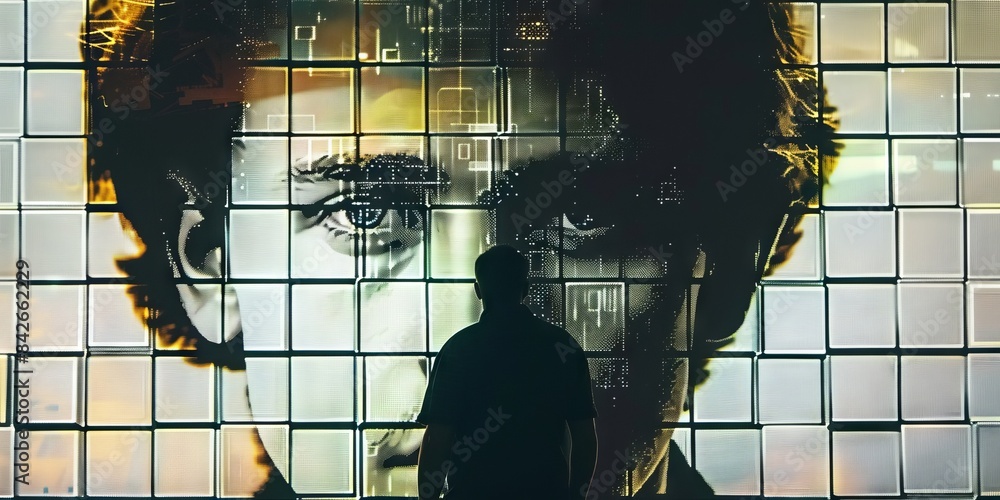 Poster a black and white image of a man's face, consisting of many small squares creating a mosaic effect. 
