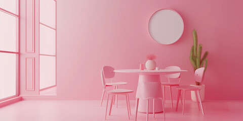 A pink dining room with a round table, four chairs, a cactus, and a round mirror