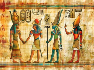 The painting depicts four Egyptian figures, each holding a staff