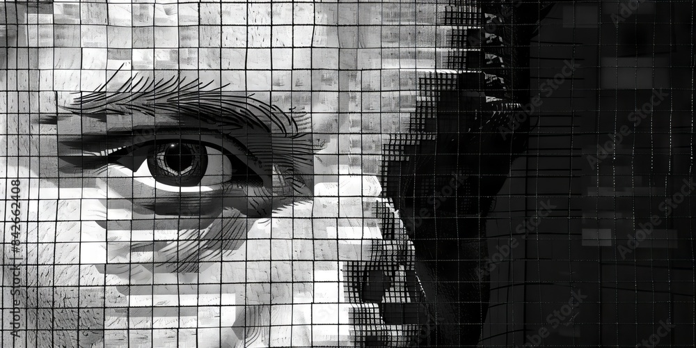 Aufkleber a black and white image of a man's face, consisting of many small squares creating a mosaic effect. 
