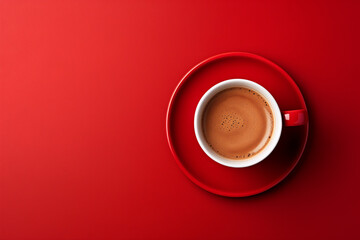  Cup of coffee on a red background, top view. Flat lay with copy space for text and design. Bright color concept. Minimal style.