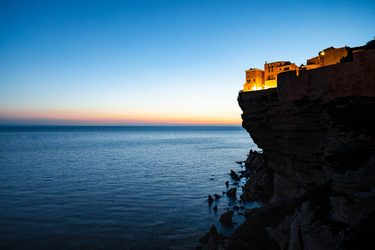 View of Bonifacio during sunset,  mediterrranean coastal town in summer, island of Corsica, France