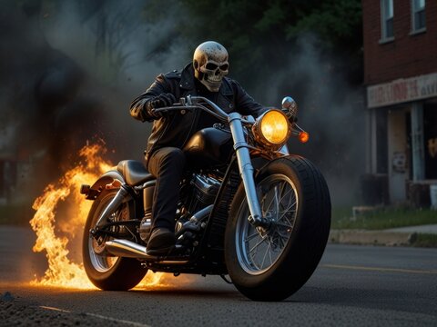 skeleton riding the burning motorcycle