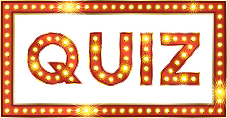 3d red quiz game text for contest show. Golden title typeface for trivia banner template. Marquee light effect typo creative element. Retro alphabet for night knowledge competition in vegas showtime. © Mariia