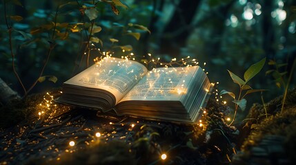 Immerse yourself in the enchanting world of literature with a photograph featuring an illuminated open book emanating a soft glow of lights, evoking a sense of magic and mystery that sparks the imagin