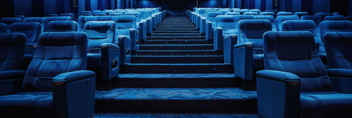 Obraz premium Empty movie theater with rows of comfortable blue seats, illuminated by ambient lighting. The cinema hall features a modern design, providing a spacious and inviting environment for moviegoers..