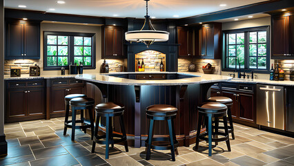 Obraz premium cozy,room,counter,stool,light,Generative AI