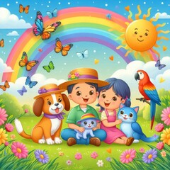 Naklejka premium little siblings with her cute little animals under the rainbow