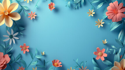 Floral paper art frame with empty space for text on blue background