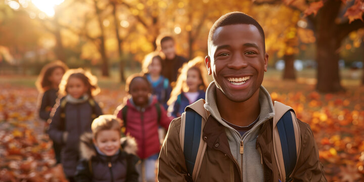 A smiling African American male teacher leads a group of students on a fall walk through a park on a sunny autumn day 