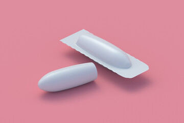 Suppositories for vaginal or anal use on pink background. Candles for treatment of hemorrhoids or inflammation. Medical suppositories. Pharmaceutical products. 3d render