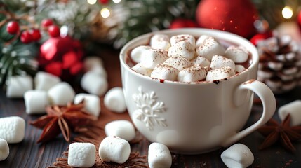 Cup of Chocolate with Marshmallows, Christmas Decorations.