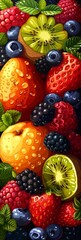 Fototapeta premium Vibrant Fruit Mix With Fresh Dew Drops And Green Leaves