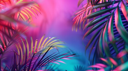 Fototapeta premium Tropical and palm leaves in vibrant bold gradient holographic neon colors.
