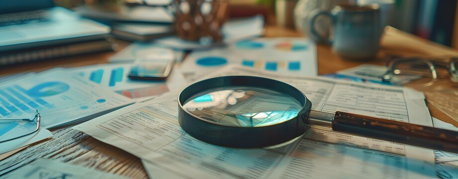 Magnifying glass on table full of business graphs, charts documents. Concept of Financial development, Business, Banking Account, Statistics, Searching, looking for, Data, Tax Day - Powered by Adobe
