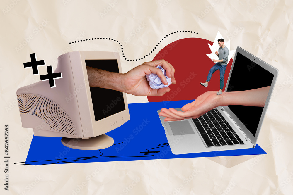 Poster photo collage artwork minimal picture of funky guy sending messages devices isolated graphical backg